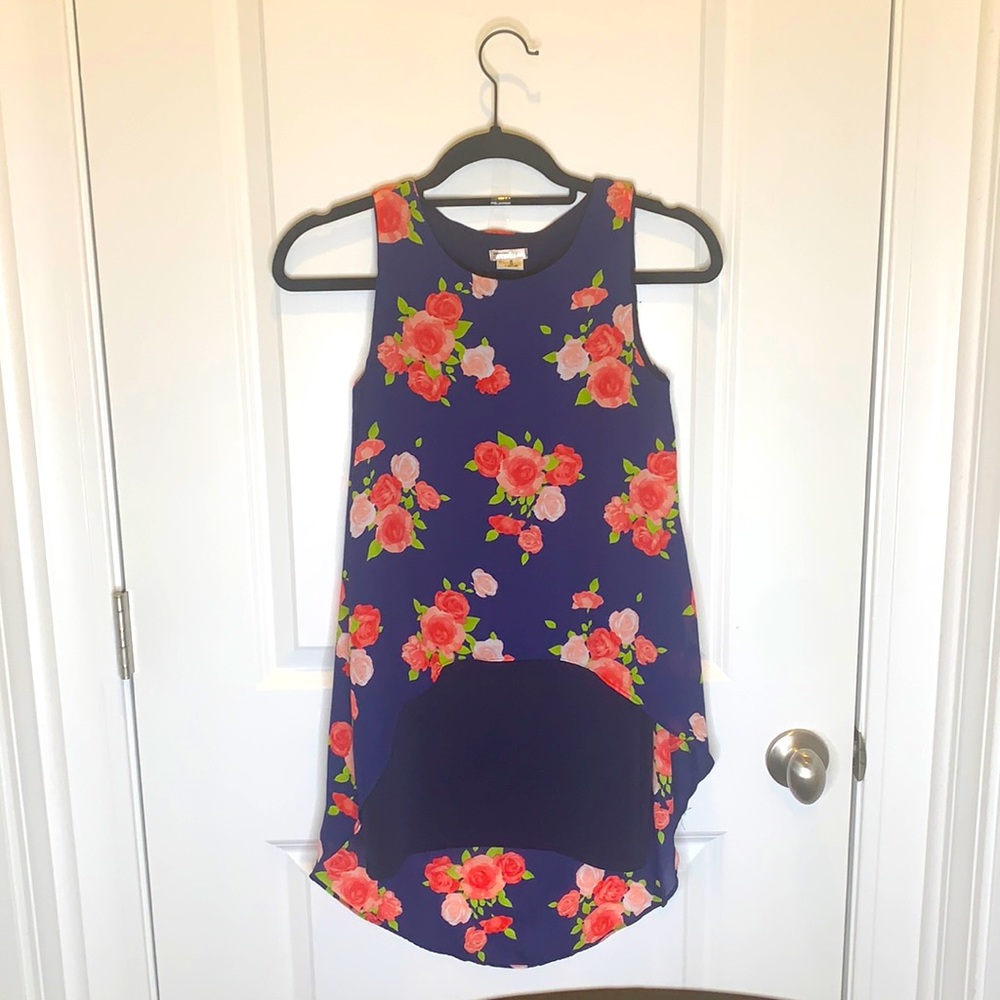 Navy dress with pink and red flowers
